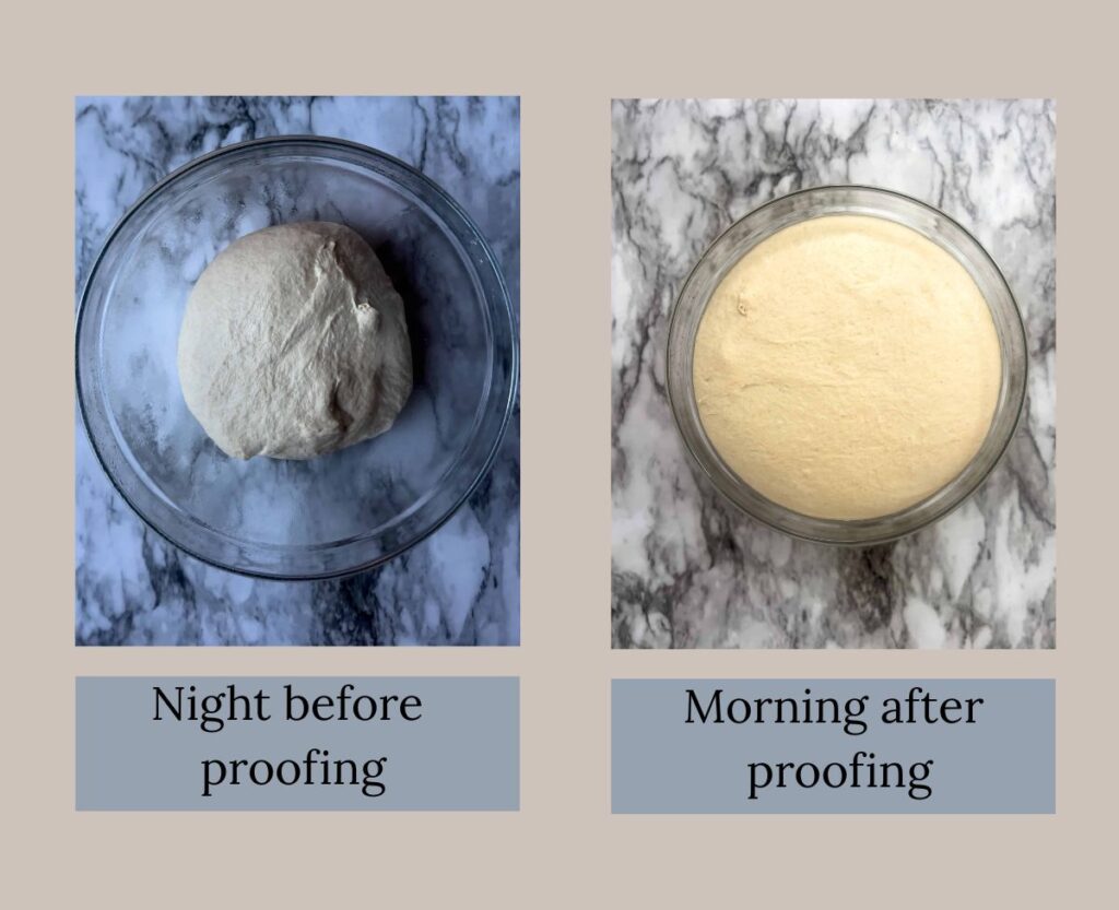 Two side by side pictures of dough in a glass bowl, one the night before proofing and one larger after proofing.