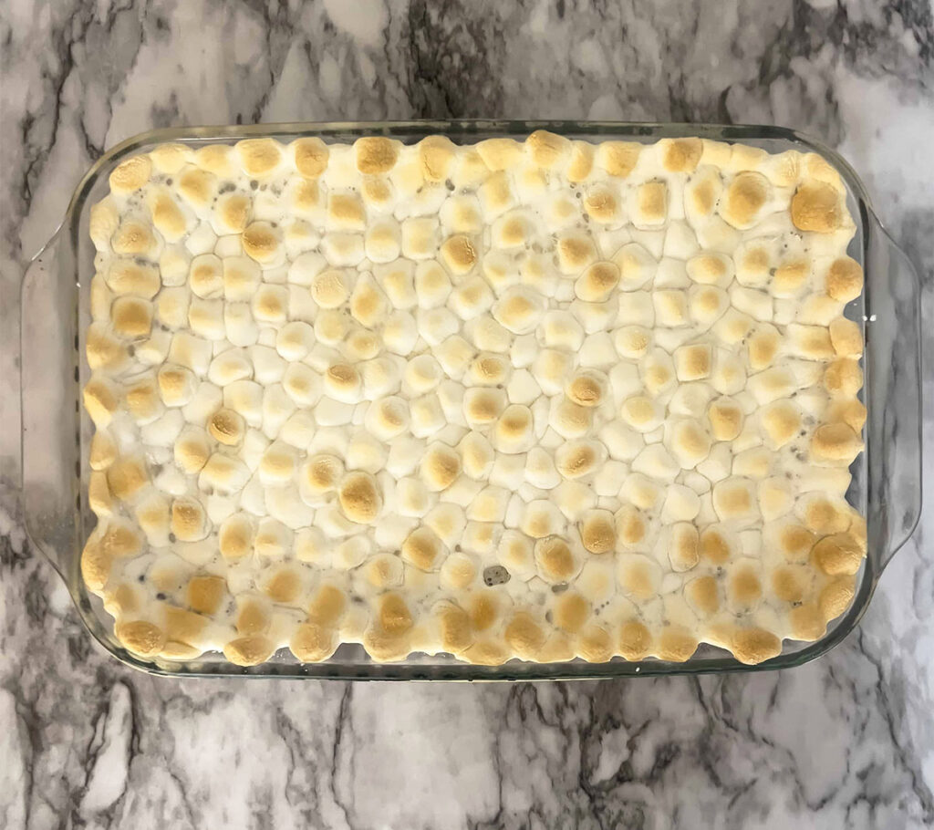 Toasted marshmallows on Mississippi mud brownies.