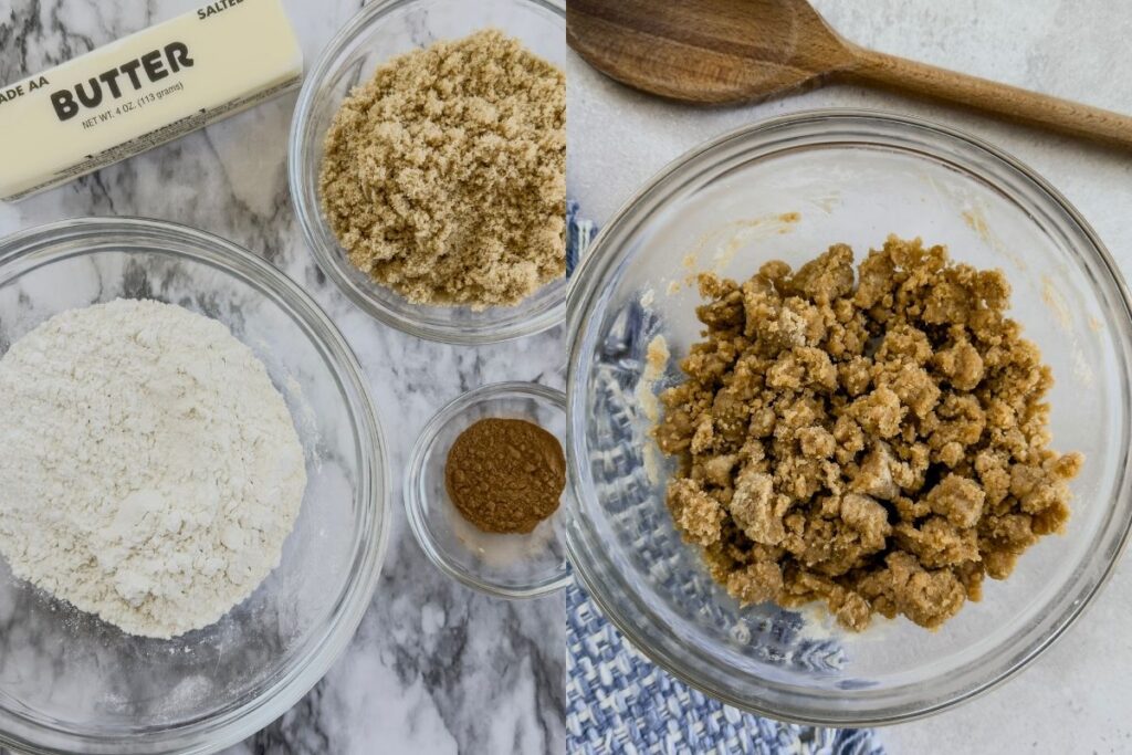 Ingredients and prepared crumble topping.